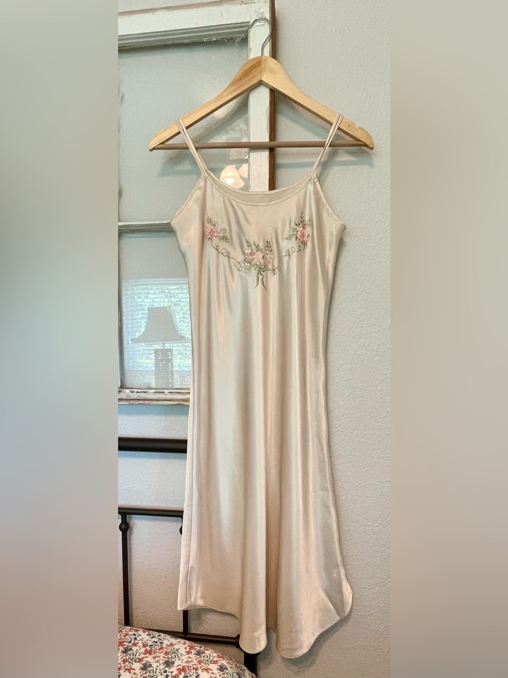 Vintage Cream Satin Embroidered Slip Dress Nightgown Midi
